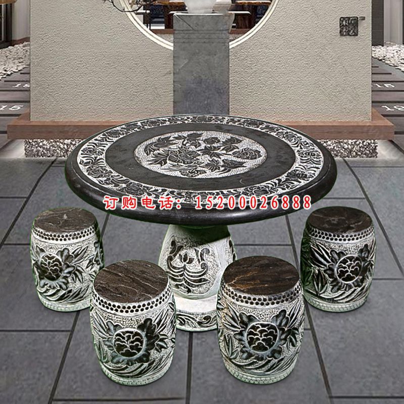 花浮雕石桌凳，庭院摆件石雕