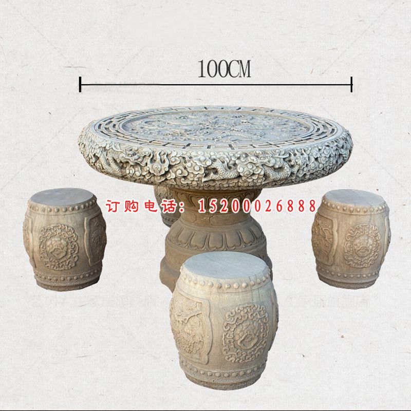 龙浮雕桌凳，公园景观石雕
