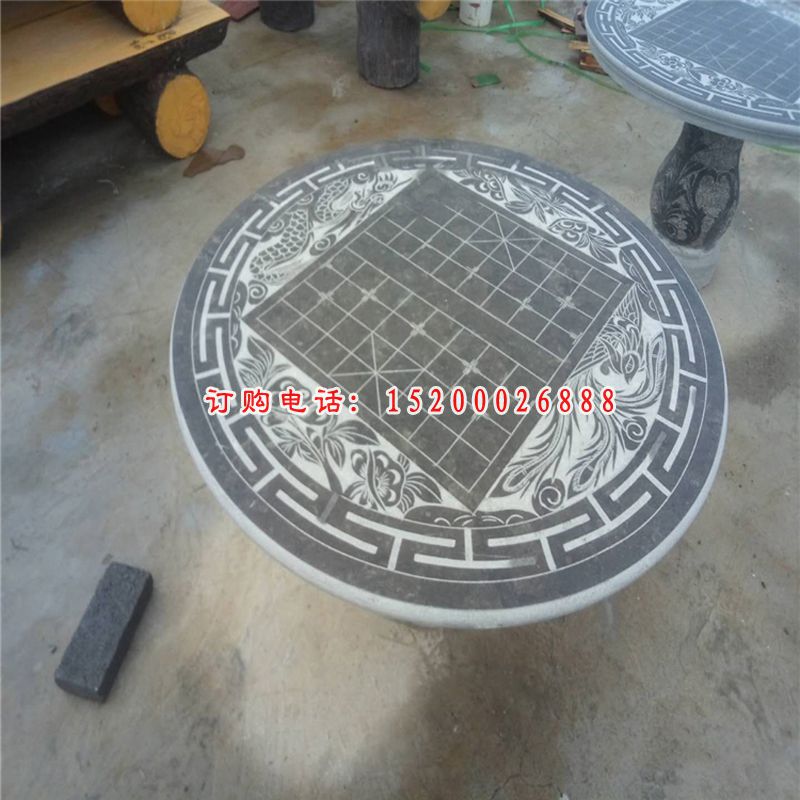 棋盘浮雕石桌凳 公园青石圆形桌凳石雕 (2)