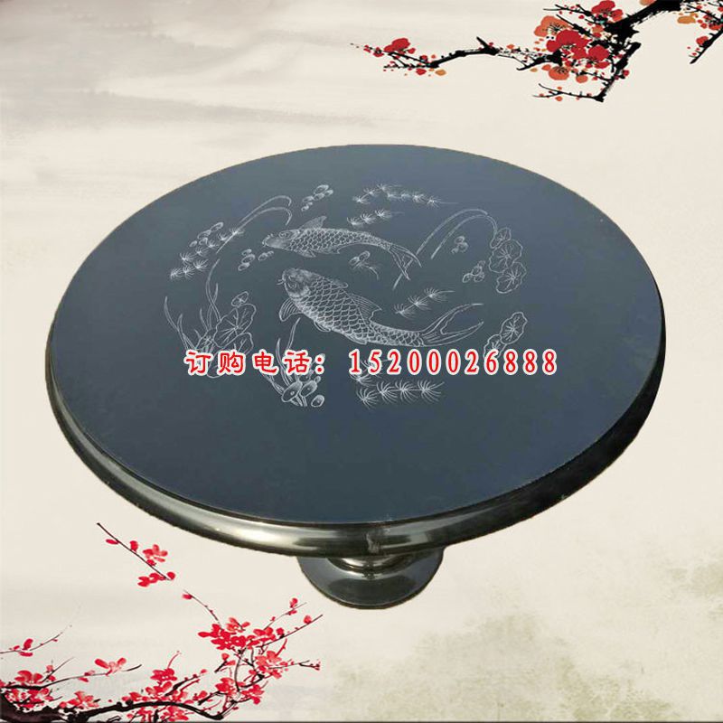 鲤鱼荷花浮雕石桌 庭院青石圆形桌凳雕塑