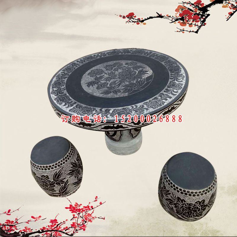 青石棋盘浮雕桌凳 庭院圆桌凳石雕 (3)