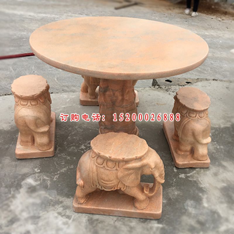 小象桌凳石雕 公园晚霞红桌凳 (2)