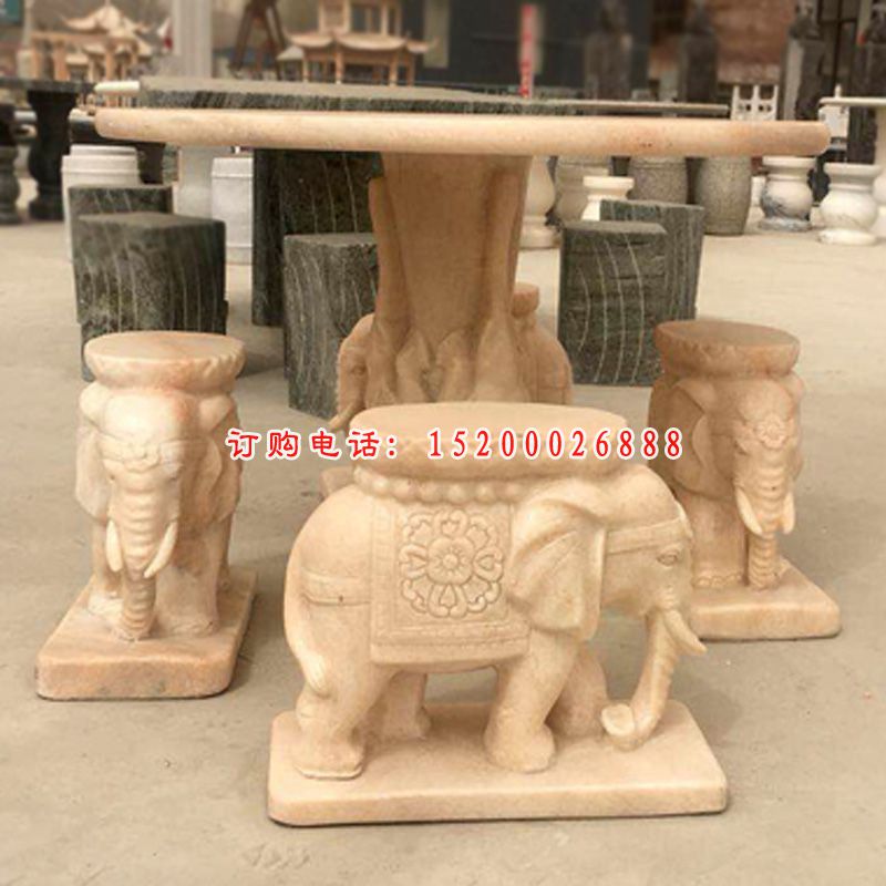 小象桌凳石雕 公园晚霞红桌凳 (4)