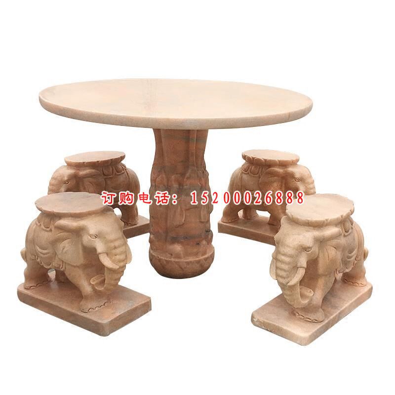 小象桌凳石雕 公园晚霞红桌凳 (10)