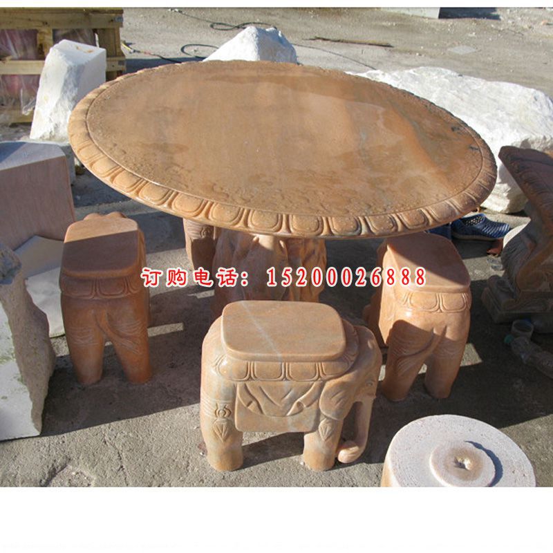 晚霞红桌椅，象桌象凳石雕 (2)