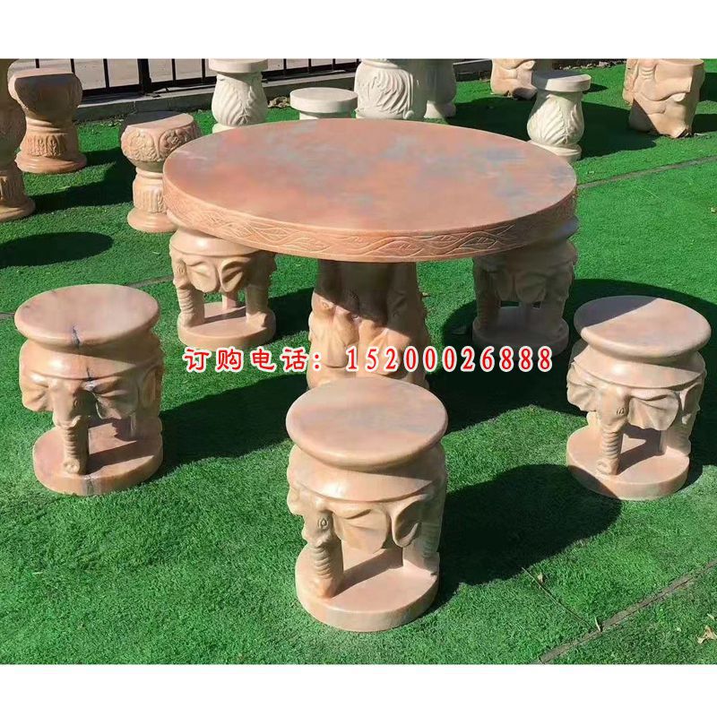 小象造型石桌凳，晚霞红圆桌圆凳