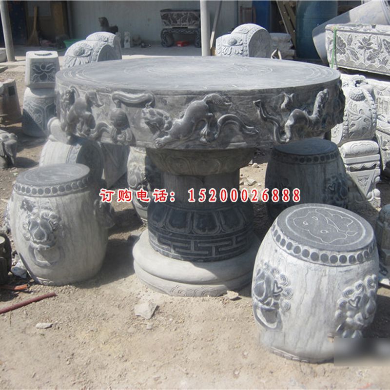 圆桌圆凳石雕，仿古青石桌椅 (1)