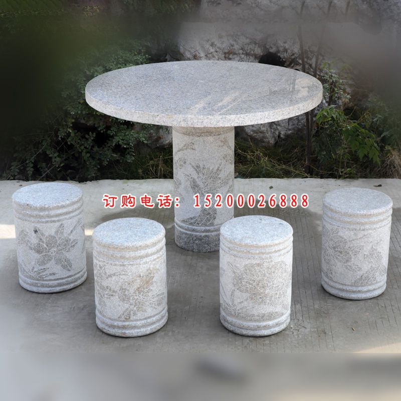 圆桌圆凳石雕，青石仿古桌椅  (2)