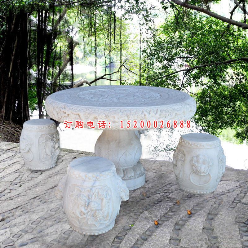 圆桌圆凳石雕，仿古桌凳 (2)