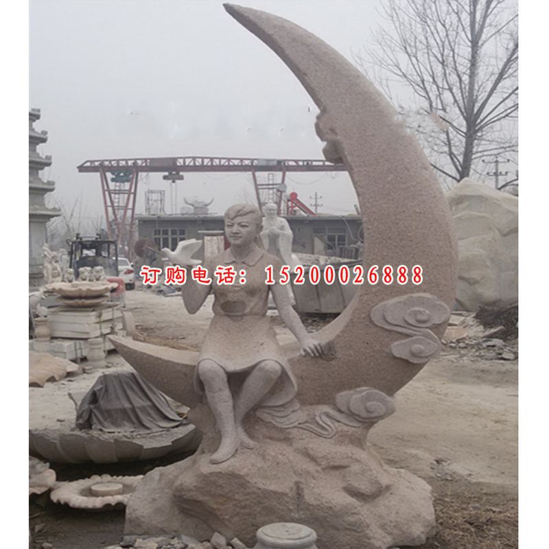 坐在月亮上的女孩石雕，公园景观石雕
