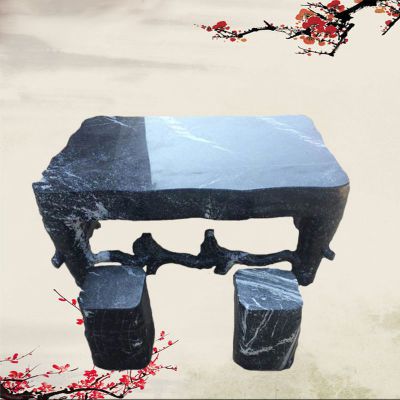青石仿木方形石桌 庭院石桌凳