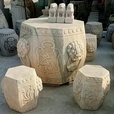 狮子桌椅户外广场景观雕塑，动物石雕塑