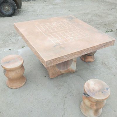 晚霞红石桌凳，酒店景观石雕