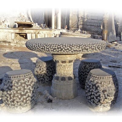 仿古花纹石桌凳雕塑，公园景观石雕