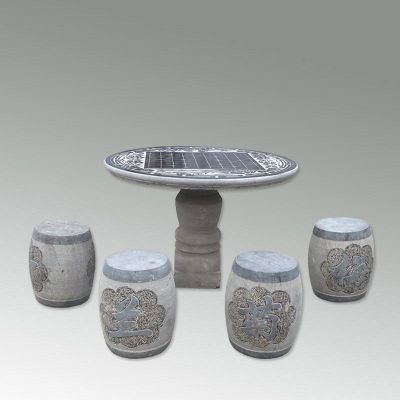 仿古桌椅石雕，梅兰竹菊浮雕凳子