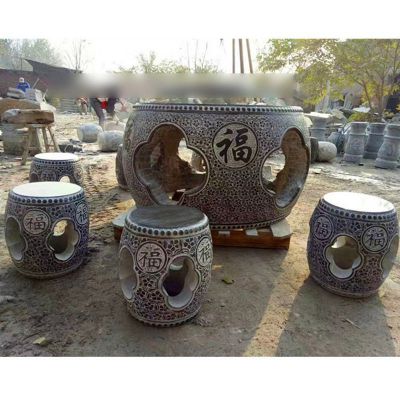 仿古桌椅石雕，青石圆桌圆凳