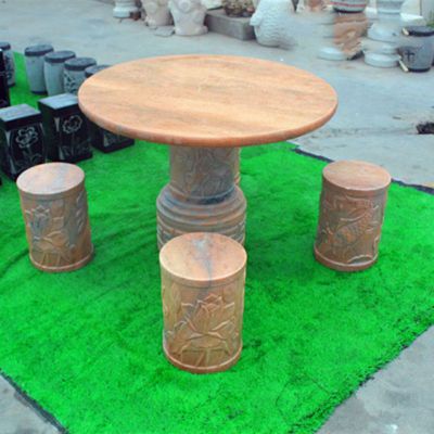 连年有余浮雕桌凳 晚霞红圆形桌凳石雕