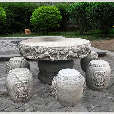 麒麟浮雕石桌凳，公园景观石浮雕