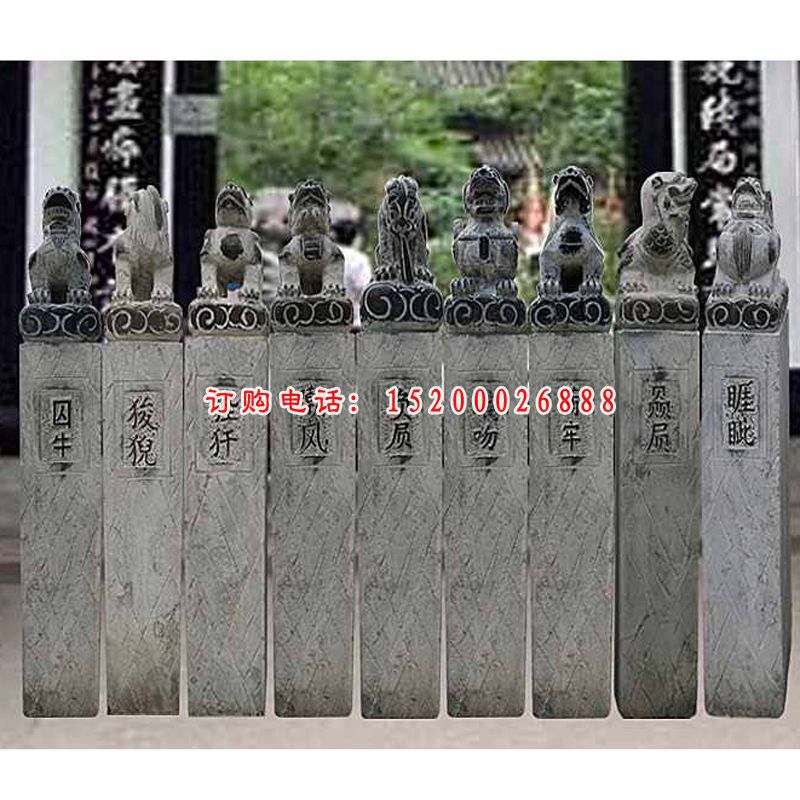 青石拴马柱，龙九子拴马桩石雕