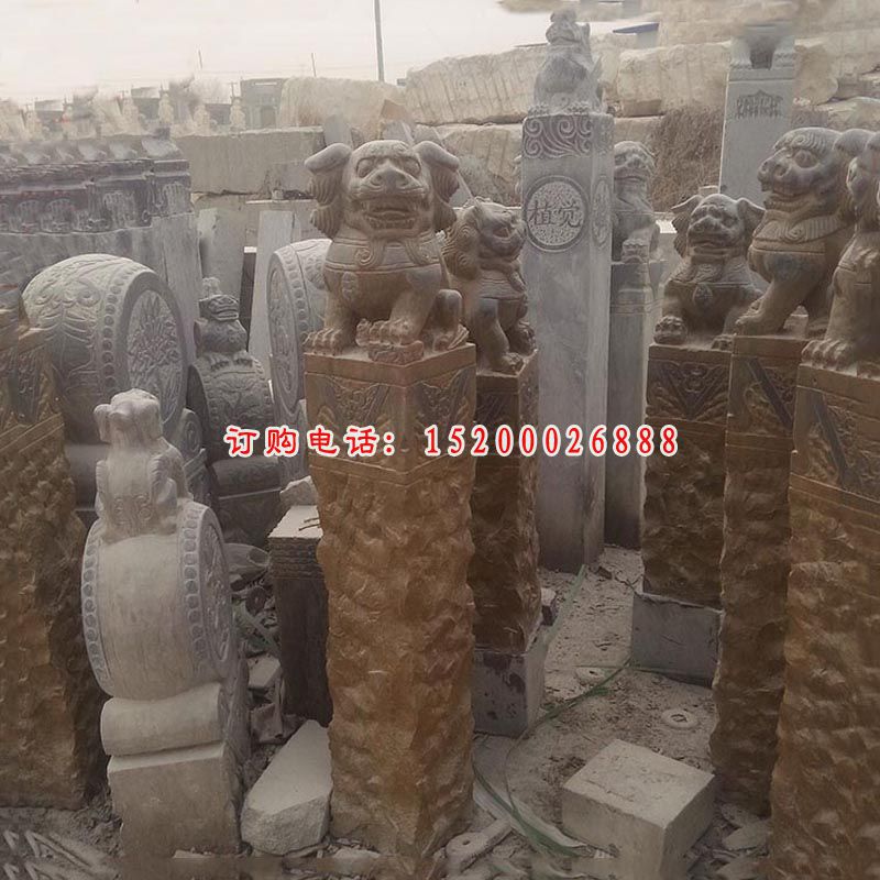 狮子栓马柱景观雕塑，动物石雕塑 (2)