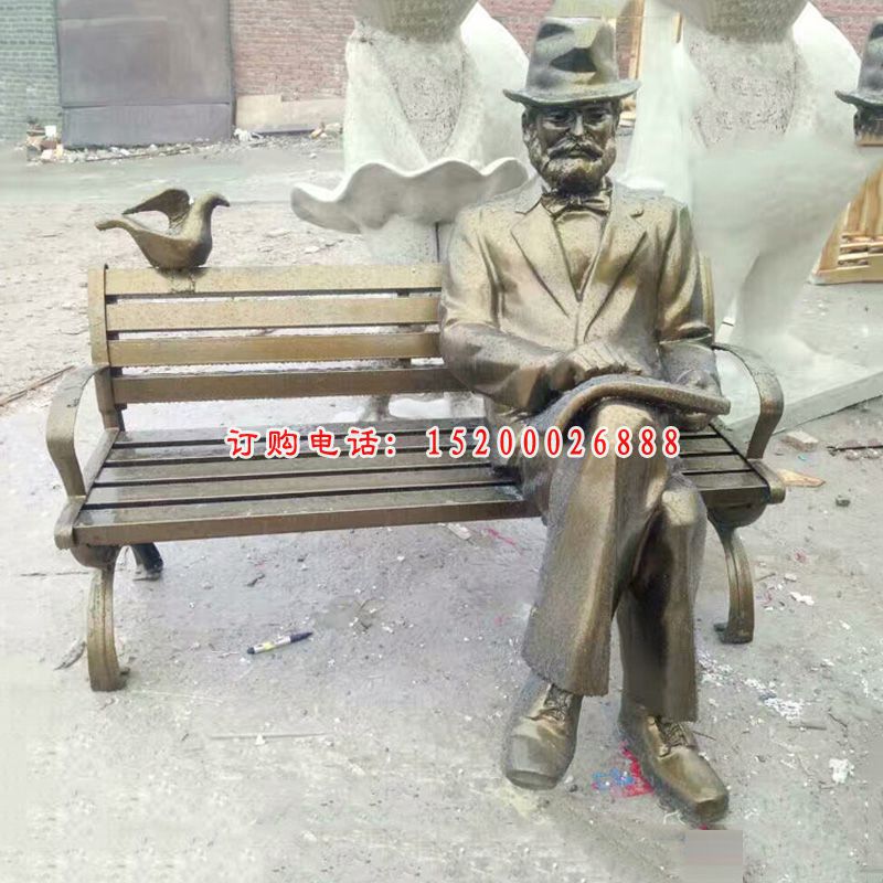坐长椅的西方人物雕塑 玻璃钢仿铜公园座椅雕塑 (2)