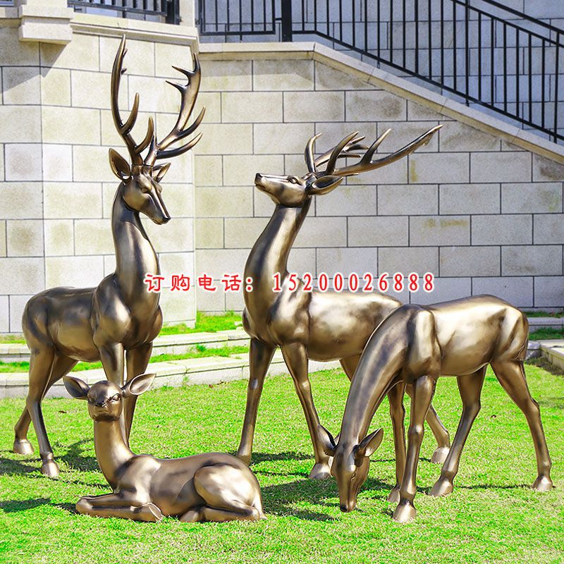 玻璃钢仿铜鹿一家，公园动物雕塑 (3)