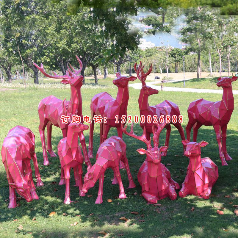 玻璃钢红色方块梅花鹿动物雕塑    公园动物摆件 (3)