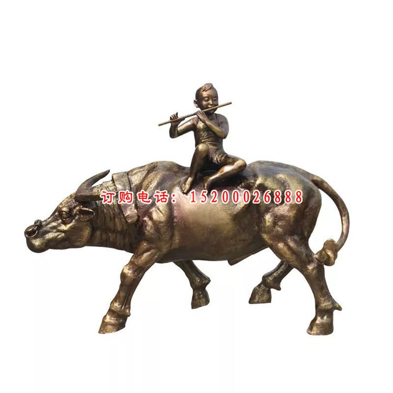 吹笛的牧童雕塑 玻璃钢仿铜牧童牛 (3)