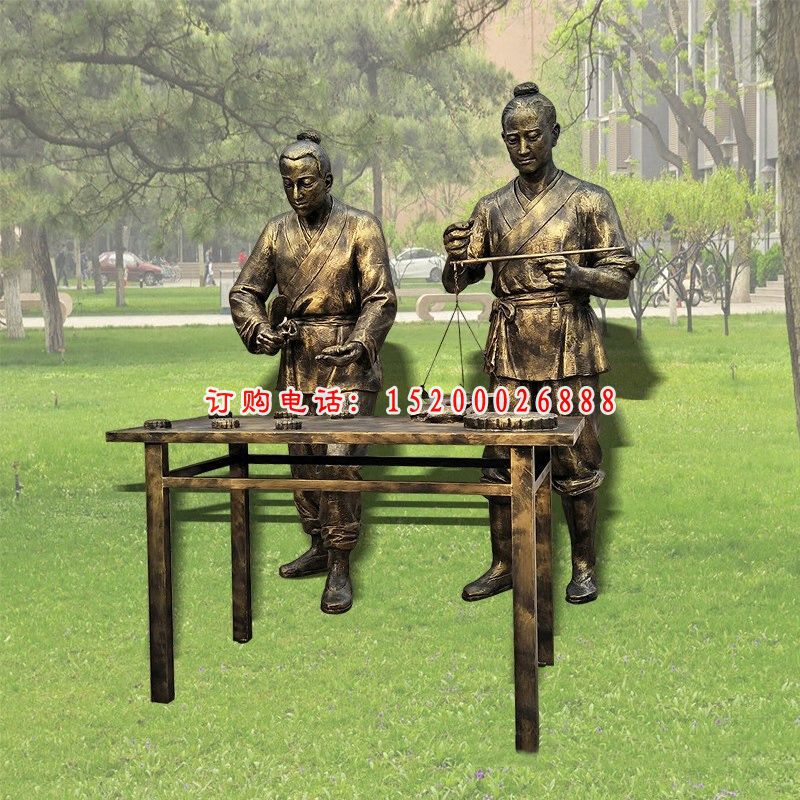 仿铜人物买东西室外景观雕塑，玻璃钢仿铜人物雕塑