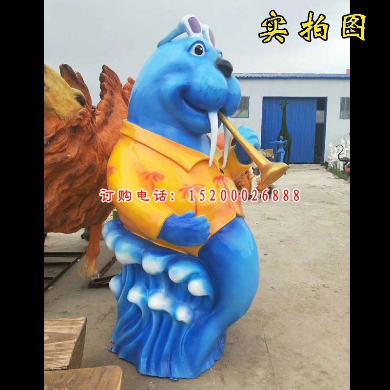 卡通彩绘海狮公园景观雕塑，玻璃钢仿真动物雕塑