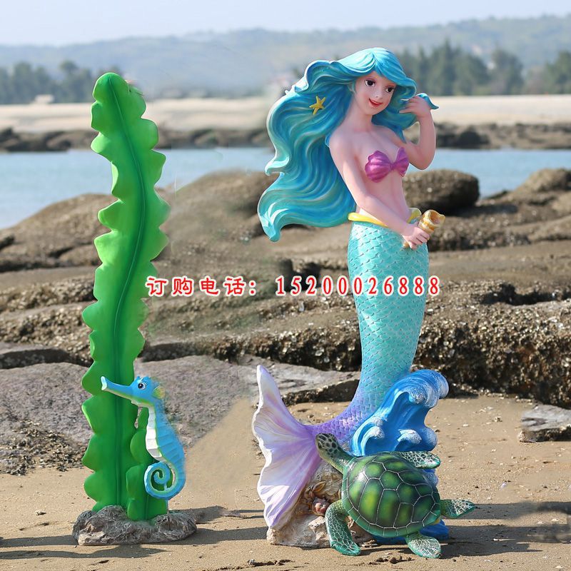玻璃钢卡通美人鱼和水草 海边景观雕塑