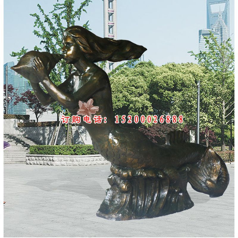吹螺号的美人鱼雕塑，玻璃钢仿铜人物摆件