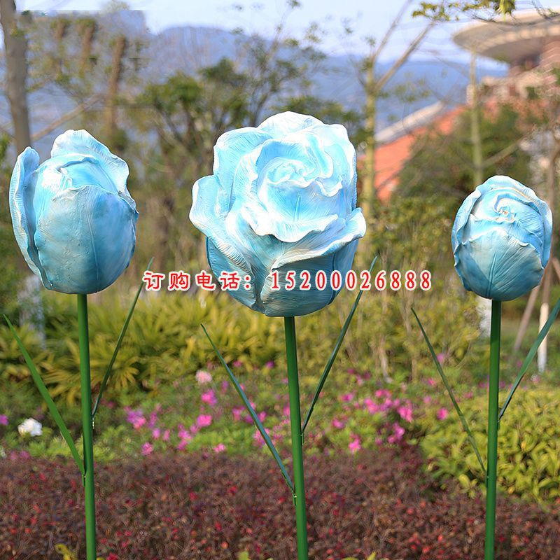 玻璃钢蓝色玫瑰花   公园景观摆件