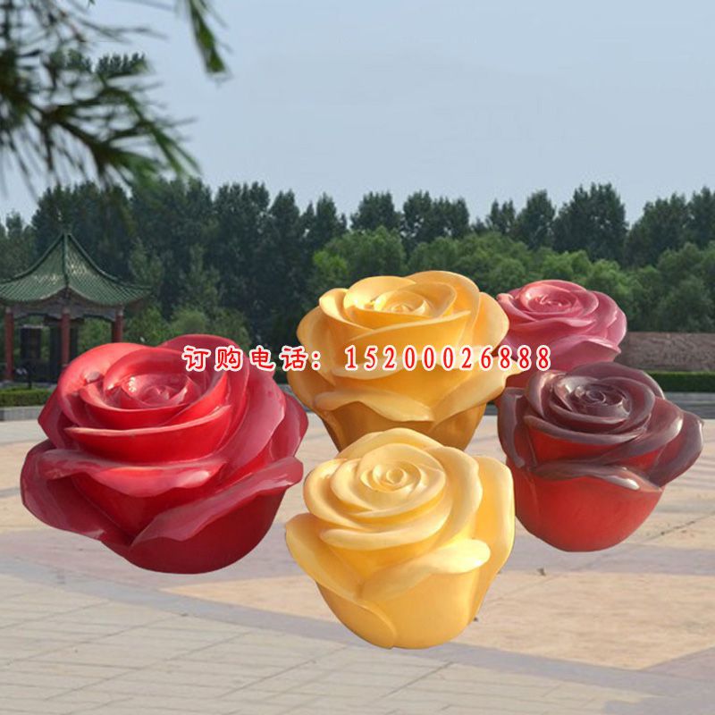 彩绘玫瑰花装饰景观雕塑，玻璃钢仿真雕塑