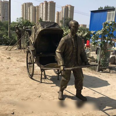 拉黄包车的清朝人物雕塑玻璃钢仿铜步行街人物摆件
