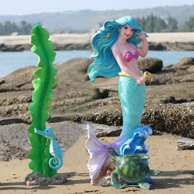 玻璃钢卡通美人鱼和水草 海边景观雕塑