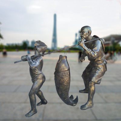 仿铜渔民公园景观雕塑，玻璃钢仿铜人物雕塑