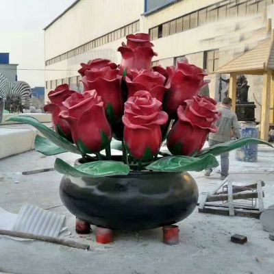 仿真玫瑰花广场景观雕塑，玻璃钢仿真植物雕塑