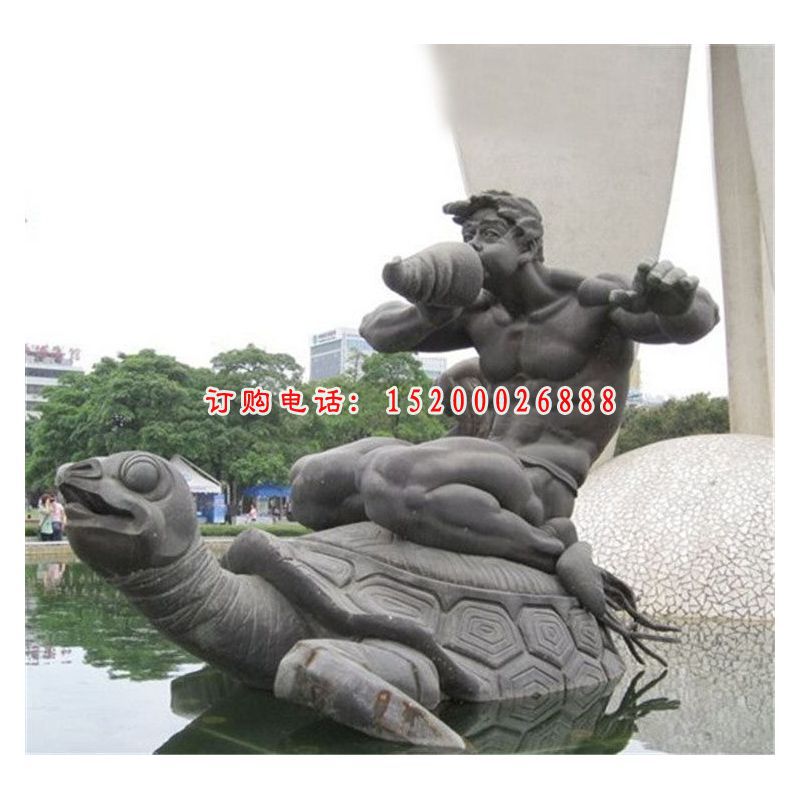 青石儿童吹海螺  石雕湖边动物雕塑
