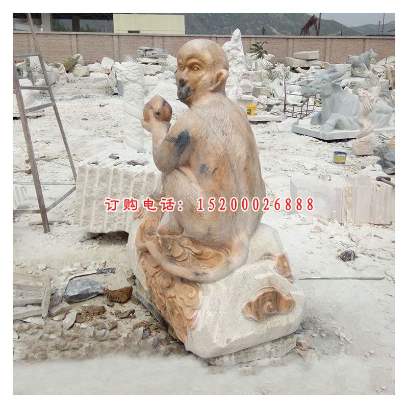 拿桃的猴子石雕 晚霞红动物石雕 (4)