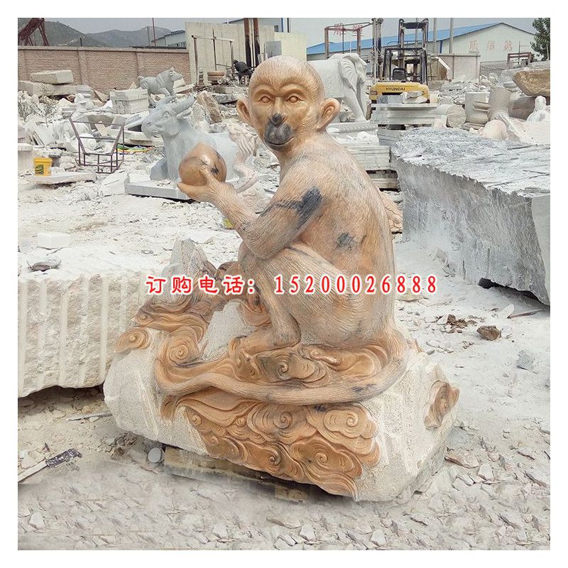 拿桃的猴子石雕 晚霞红动物石雕