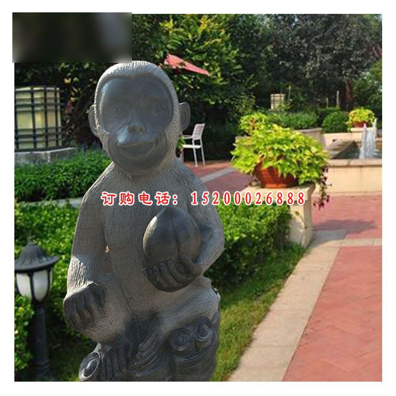 青石猴子雕塑，抱着桃子的小猴子石雕 (1)
