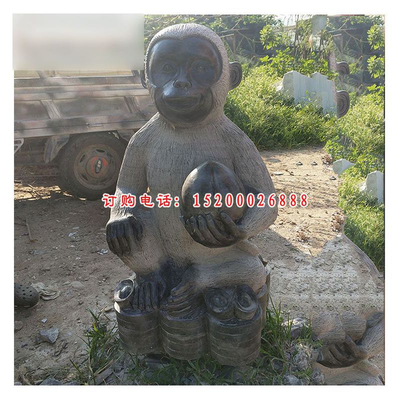 青石猴子雕塑，抱着桃子的小猴子石雕 (4)