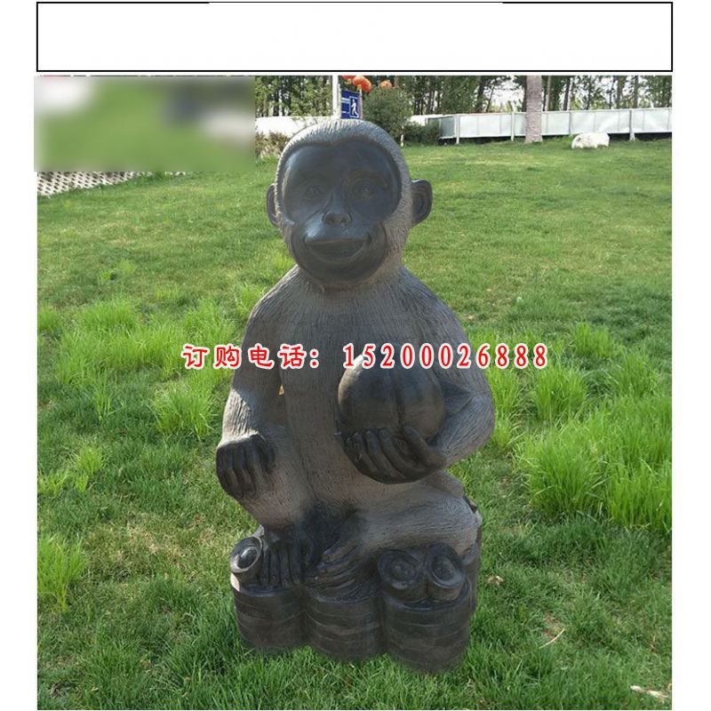 青石猴子雕塑，抱着桃子的小猴子石雕 (3)