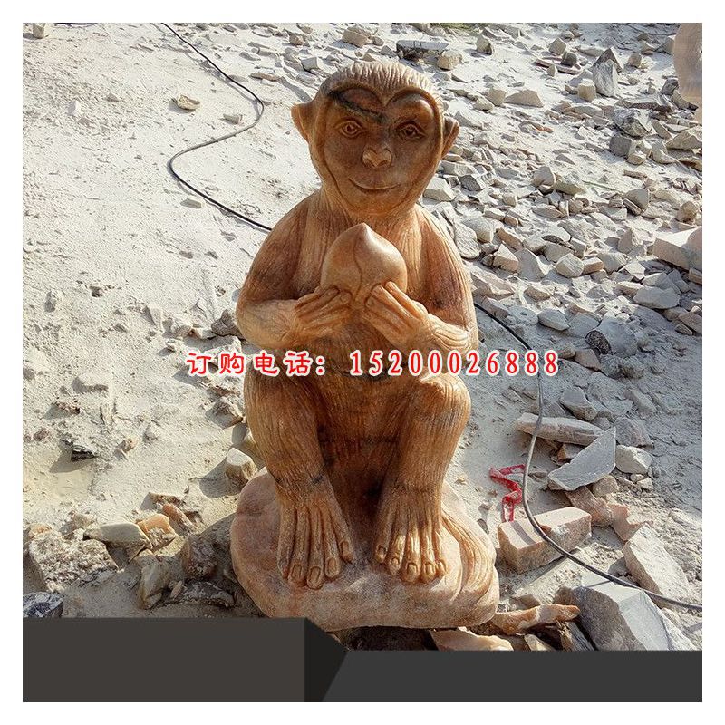 晚霞红抱桃的猴子 公园动物石雕 (2)