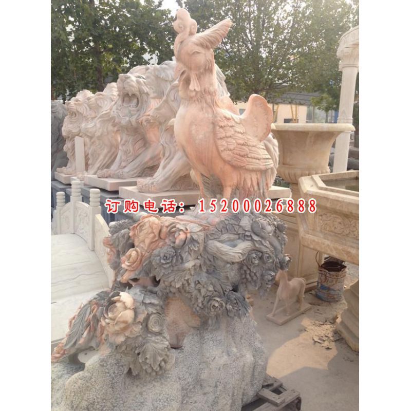 晚霞红鸡雕塑 公园十二生肖石雕 (2)
