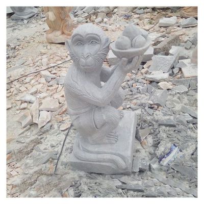 手托桃子的石雕猴 大理石公园动物雕塑 