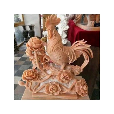 公鸡石雕，公鸡和牡丹花雕塑