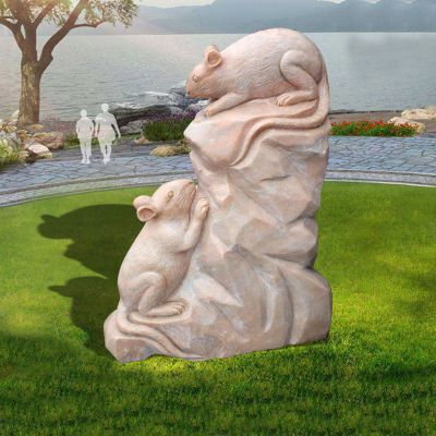 晚霞红老鼠石雕，十二生肖雕塑