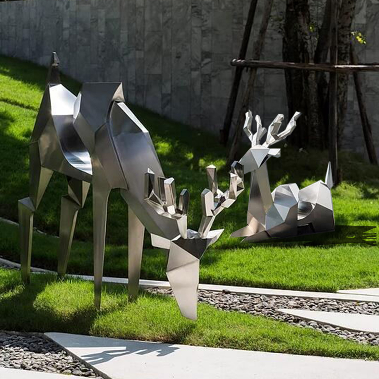 不锈钢几何鹿 公园抽象动物雕塑 (4)